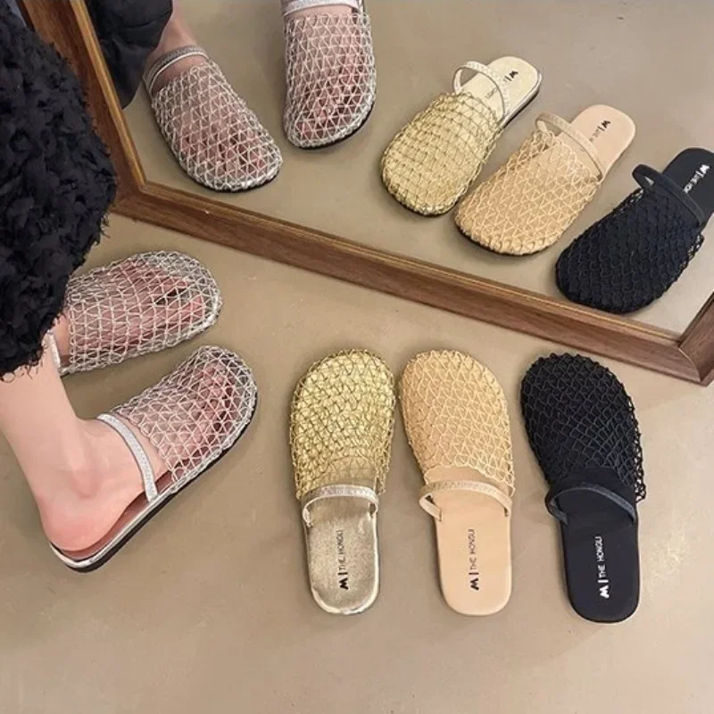

Summer Mesh Hollow Sandals Women Flats Shallow New Beach Shoes Comfort Retro Female Slippers Luxury Sandals Women Designers