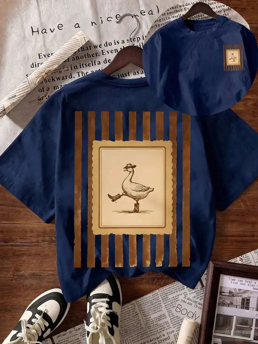 2026 Women's Summer Short Sleeve T-Shirt, Funny Western Cowboy Goose Graphic Tee, Retro Striped Print, Coastal Cowgirl Aesthetic Casual Tops For Daily Outfit