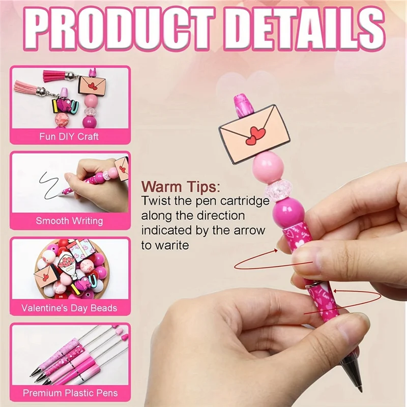 

NEW-15 Set Valentine's Day Beadable Pens, DIY Bead Pens Bulk Plastic Bead Pens For DIY Present Students Teens School Office