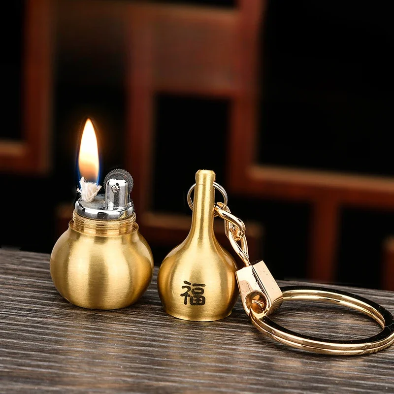 CHIEF Pure Copper Gourd Keychain Pendant Kerosene Lighter Personality Vintage Grinding Wheel Retro Portable Cigarette Lighter