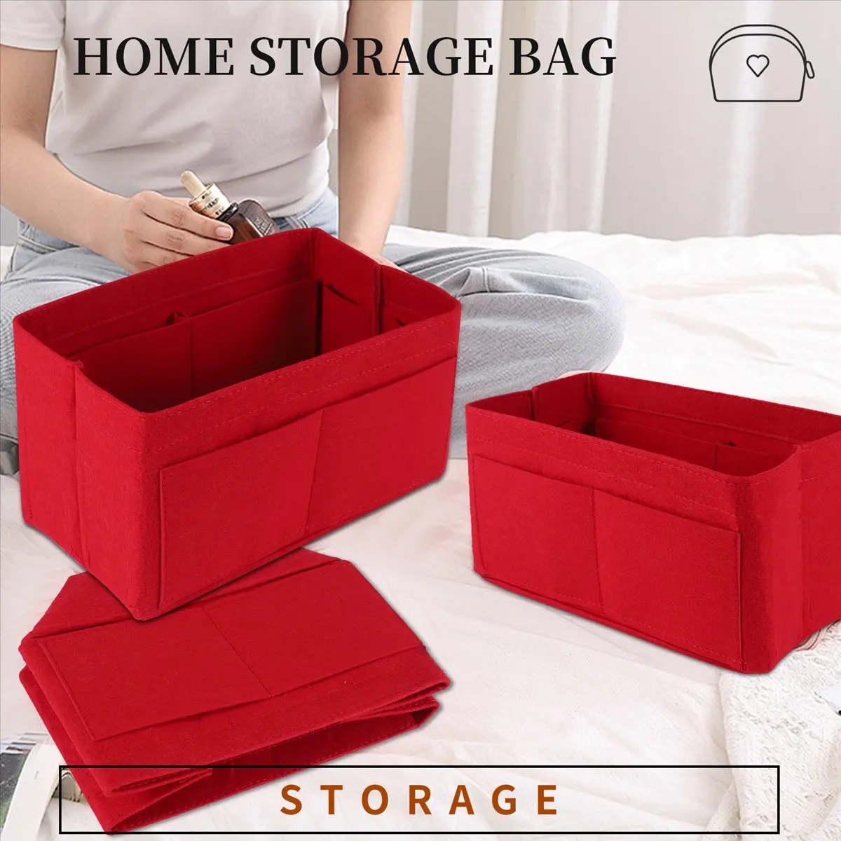 ABQR الأحمر حقيبة التخزين المنزلية محفظة المنظم ورأى إدراج حقيبة ماكياج المنظم الداخلية محفظة المحمولة حقائب مستحضرات التجميل تخزين حمل