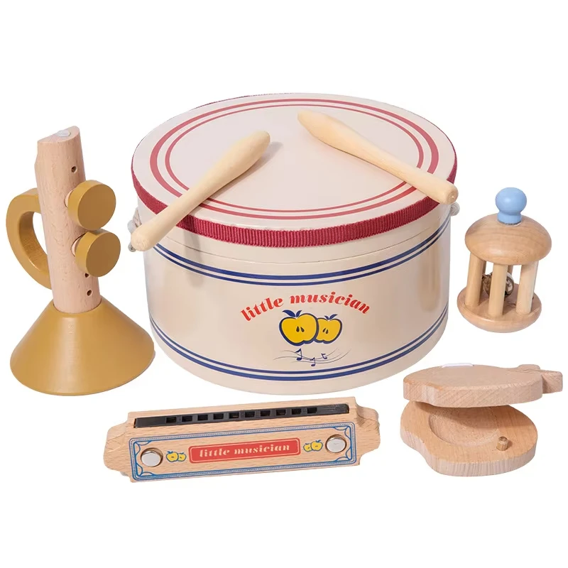 Hölzerne Früherziehung junger Musiker Orff Trommeln Mundharmonika Soundboard sensorisches Kinderinstrumentenset Puzzle Spielzeug