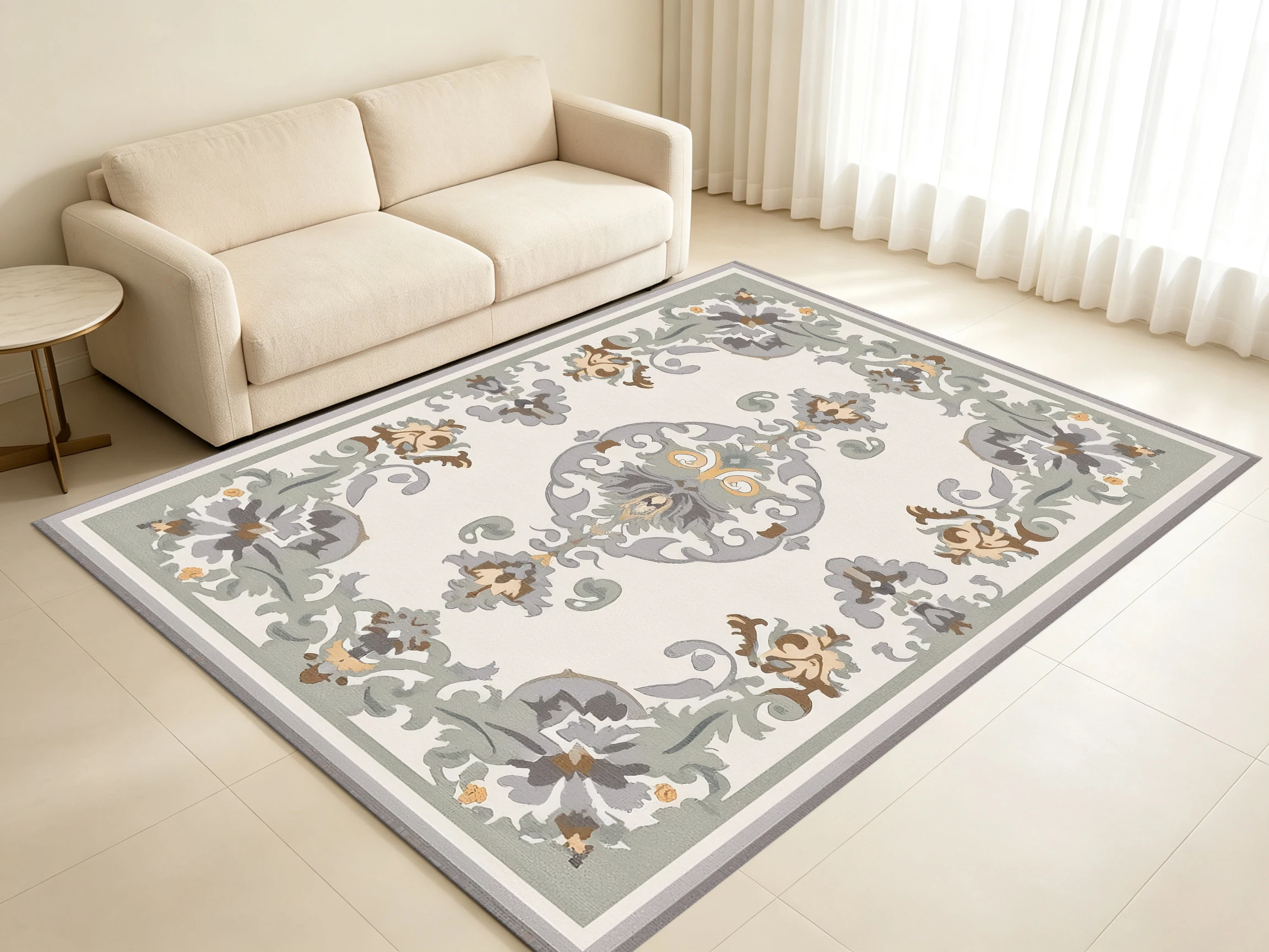 Alfombra Grande 2D en Tonos Beige, Naranja y Gris con un Patrón Central Persa Retro; Estilo Europeo de Lujo Ligero