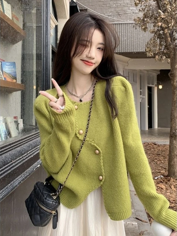 

Необычные женские кардиганы, зеленая офисная одежда, осень 2021, легкий вязаный крючком топ, винтажный эстетичный шикарный короткий женский вязаный свитер Y2k