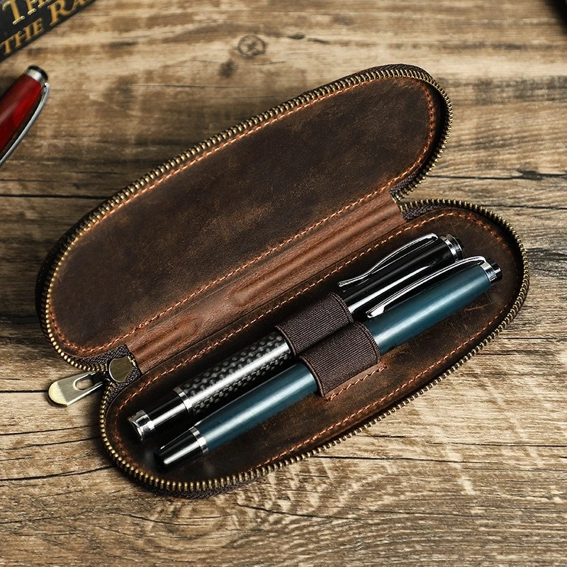 Vintage Genuine Crazy Horse Leather 2 Slots Pen Case Pouch Holder Portage Small Pencil Bag for Rollerball Fountain Ballpoint Pen