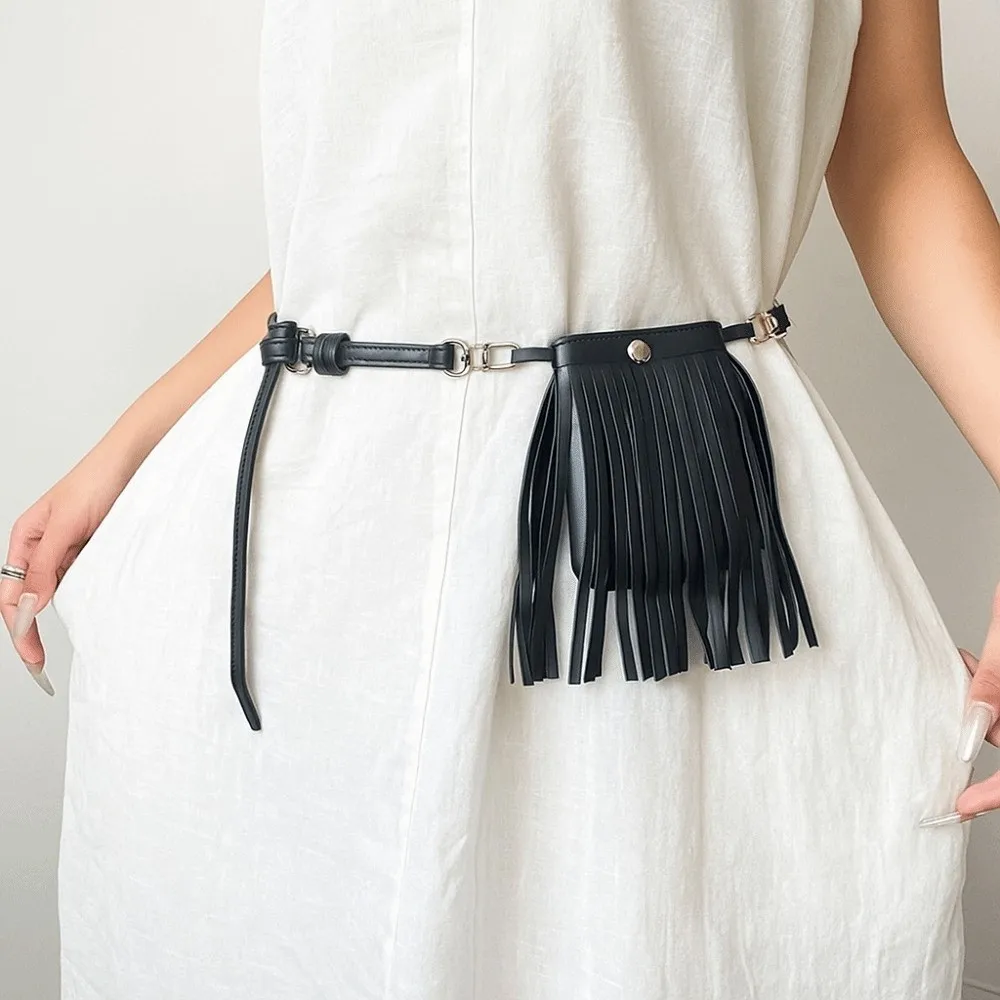 

Retro PU Leather Tassel Belt Alloy Jeans Decor Waistband with Bag Vintage Black Pocket Belts Waist Accessories