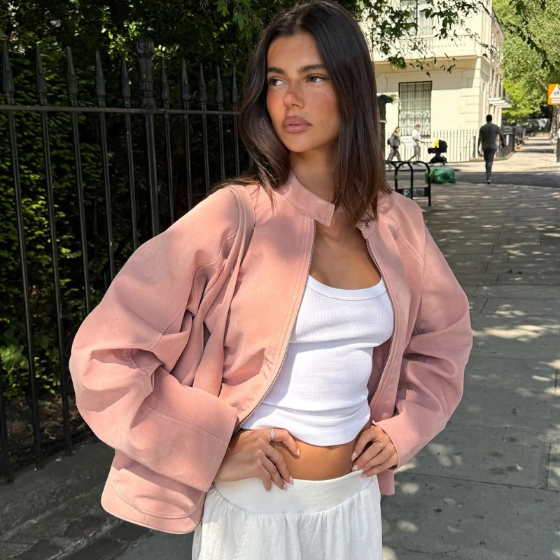 

TARUXY Vintage Zipper Suede Jacket Women's Stand Collar Simple Long Sleeve Casual Loose Coat Autumn New Fashion High Street Coat