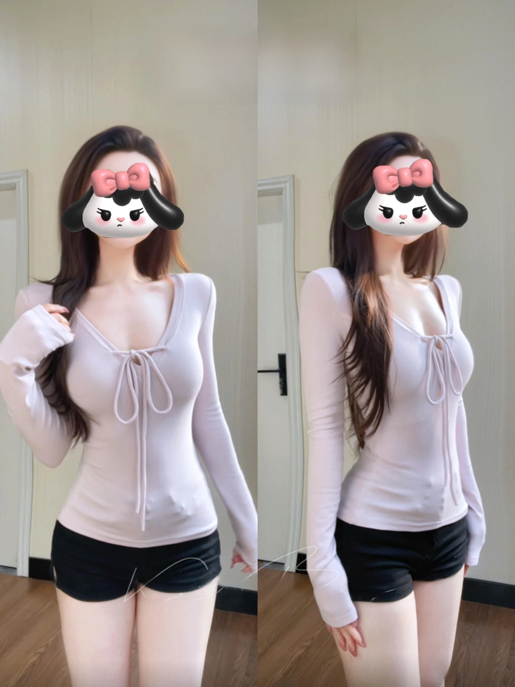 スリムフィット長袖-v-ネック女性用-t-シャツ韓国スタイルベースシャツハンギングネックデザインバレエライトバンデージトップピュアディザイア