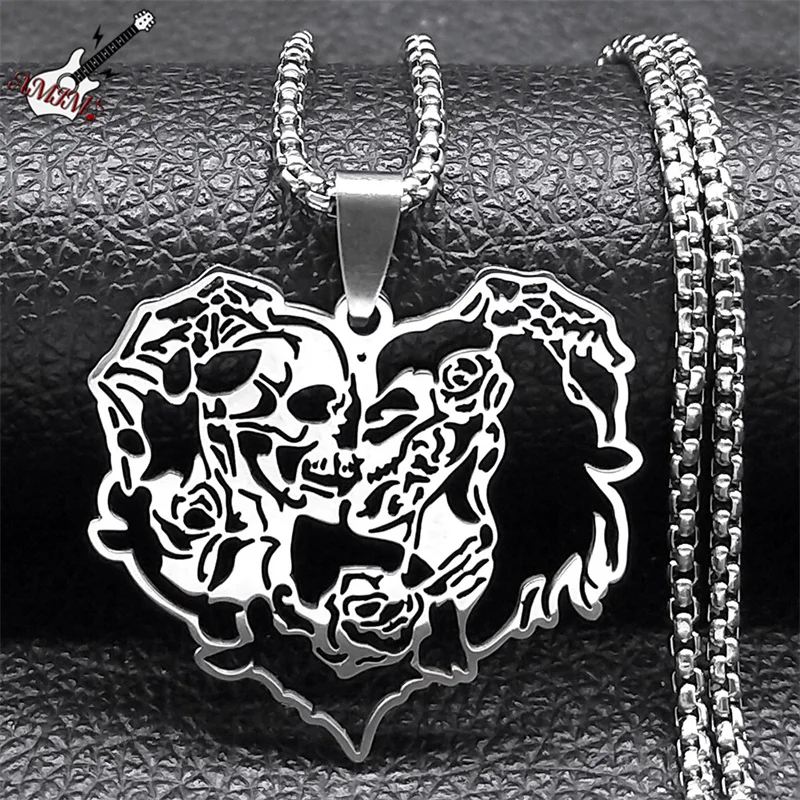 Gothic Skull Couple Heart Pendant Necklace for Women Men Stainless Steel Skeleton Rose Flower Punk Chain Jewelry colar NZZZ509S6