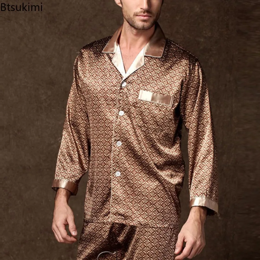 2026 High Quality Pajama Sets Men Spring Summer Thin Polyester Ice Silk Soft Sleepwear Sets for Men Casual Home Clothes Male New