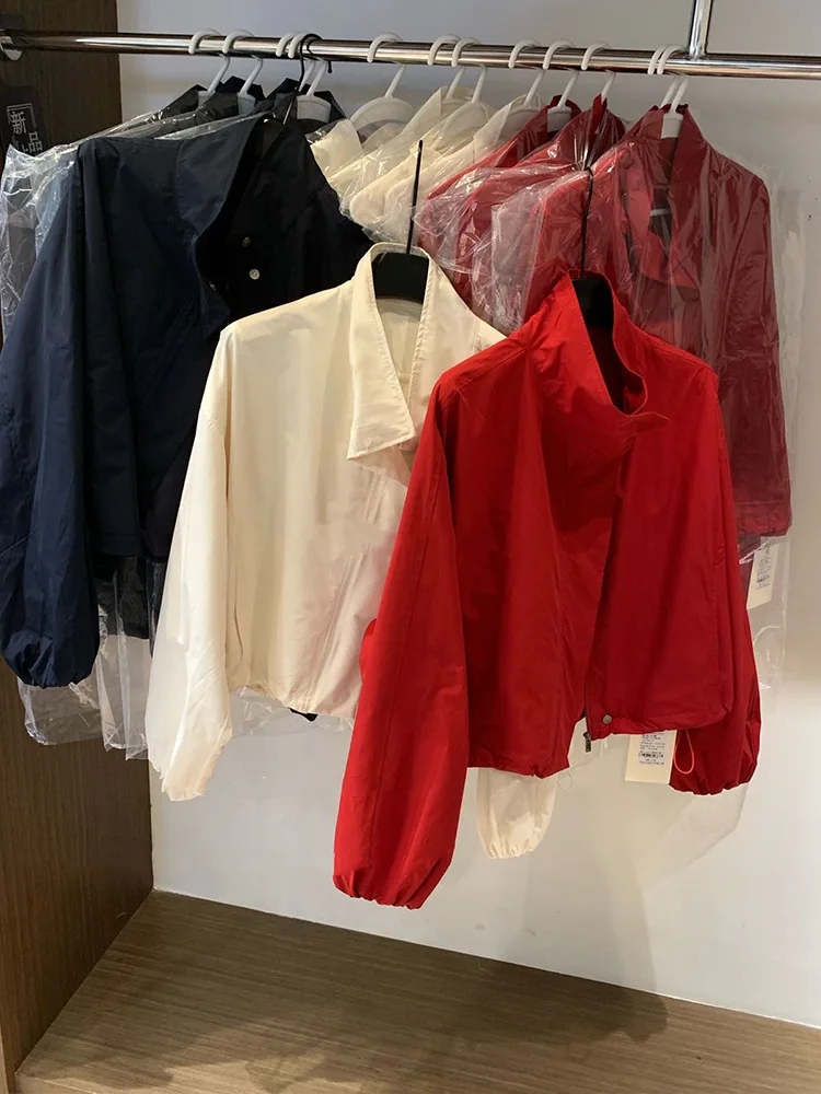 Red Stand Up Collar Loose Drawstring 2026 Spring New Outdoor Sunscreen Sports Short Jacket for Women