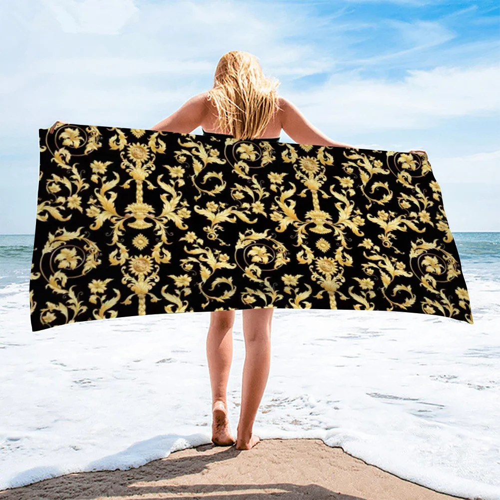 Gold Baroque Beach Towel, Luxury Black White Scroll Print, Quick Dry Microfiber, Oversized for Pool Travel, Elegant Gift