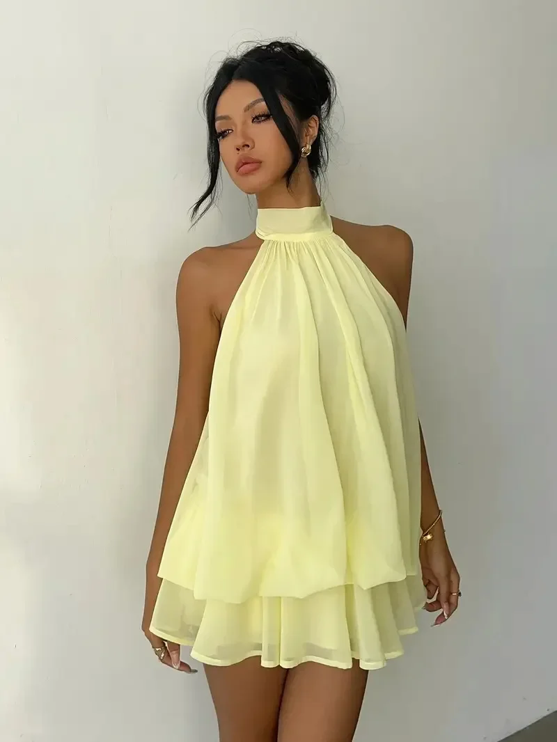 Damen Chiffon-Minikleid mit Neckholder, ärmellos, mehrlagig, mit Rüschen, fließend, einfarbig, locker, A-Linie, Sommer-Party, Strand, Freizeit-Sommerkleid – Detail 19