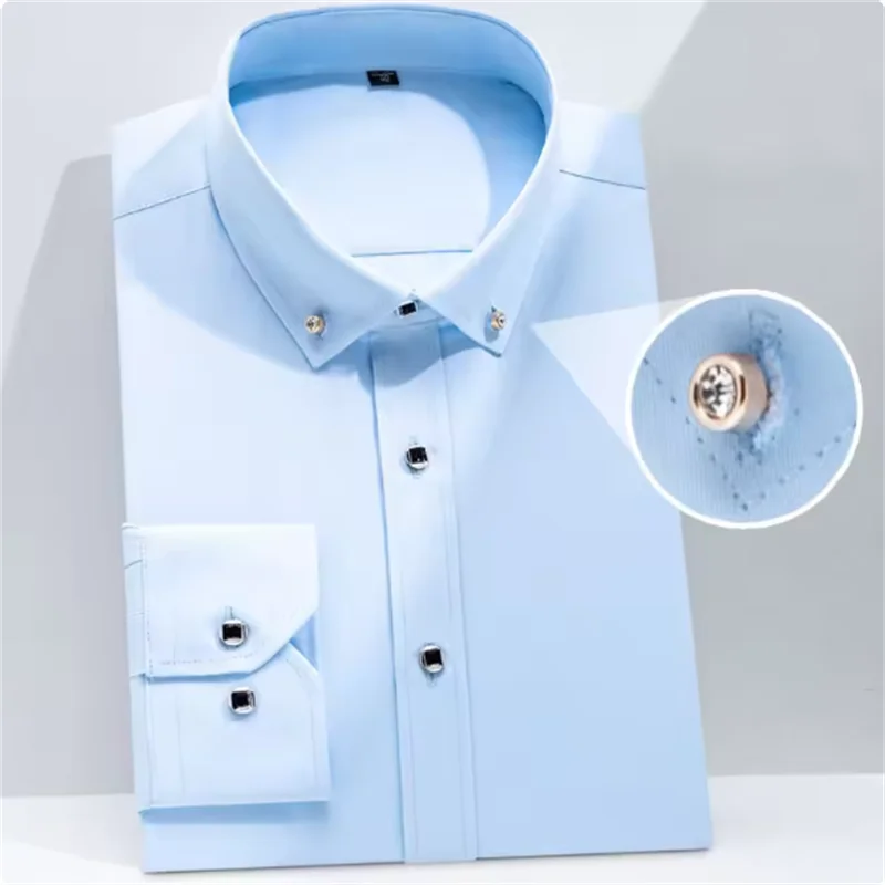 Men's Business Dress Shirt Spring Autumn Long Sleeve Classic Formal Social Slim Fit Diamond Button White Office Men Clothing 5XL