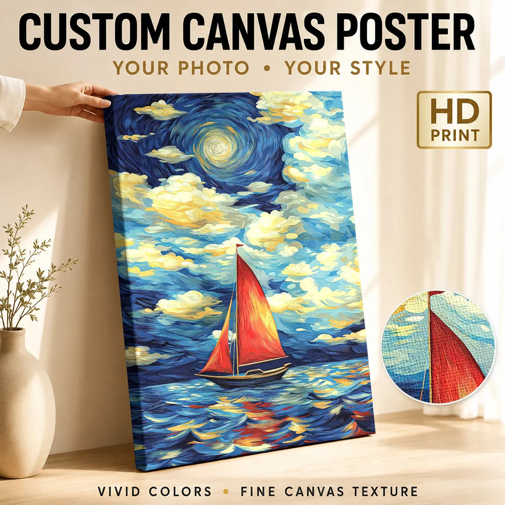 Sailboat Under a Swirling Sky Framed Canvas Print Poster Customized Photo Modern Aesthetic Wall Paintings Decoration for Office