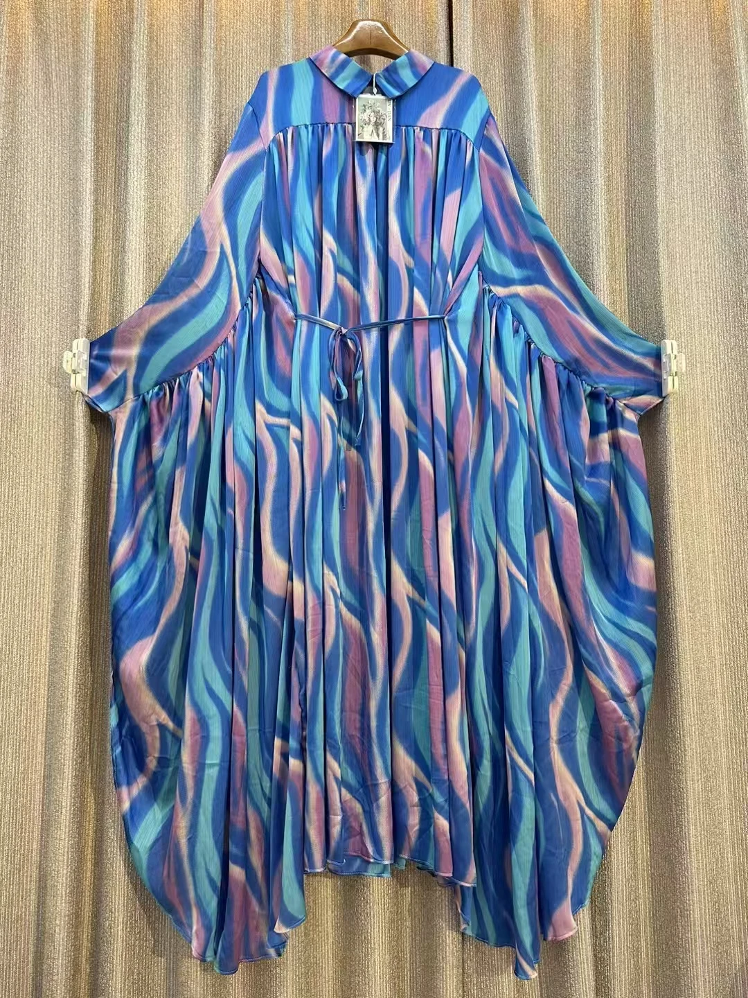 European American Printed Head Strap Collar Irregular Midi Dress Female Batwing Sleeves Party A-line Evening Elegant Long Dress