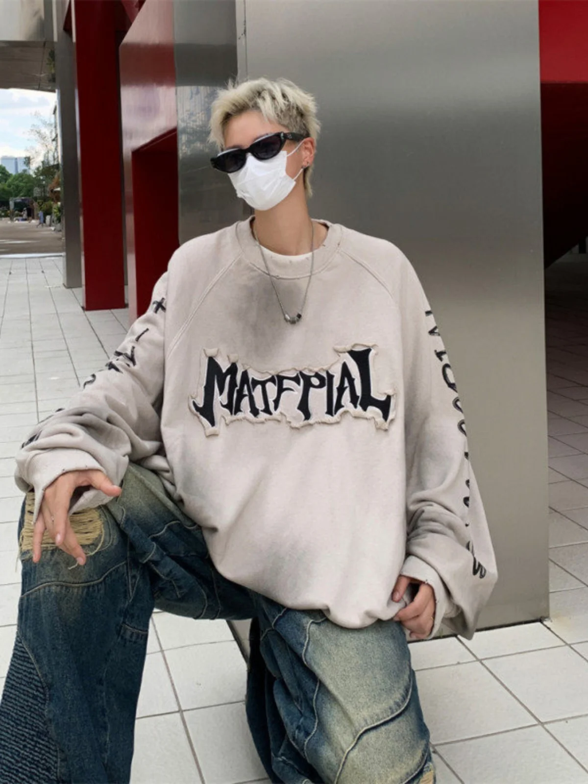 

Retro American fiti Sweatirt Men's Autumn Winter Oversize Trendy Long Sve T-irt Dirtied Worn-Out Sle Couple's Wear