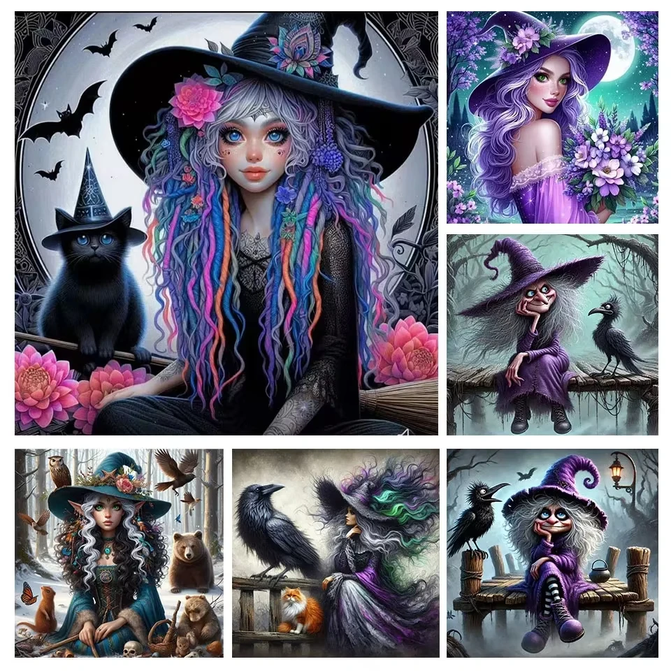5D Diamant-Malerei Kunst Hexe und Katze DIY Vollquadrat- und Rundbohrer-Mosaik Halloween Mädchen Bastelbedarf Stickerei Heimdekoration