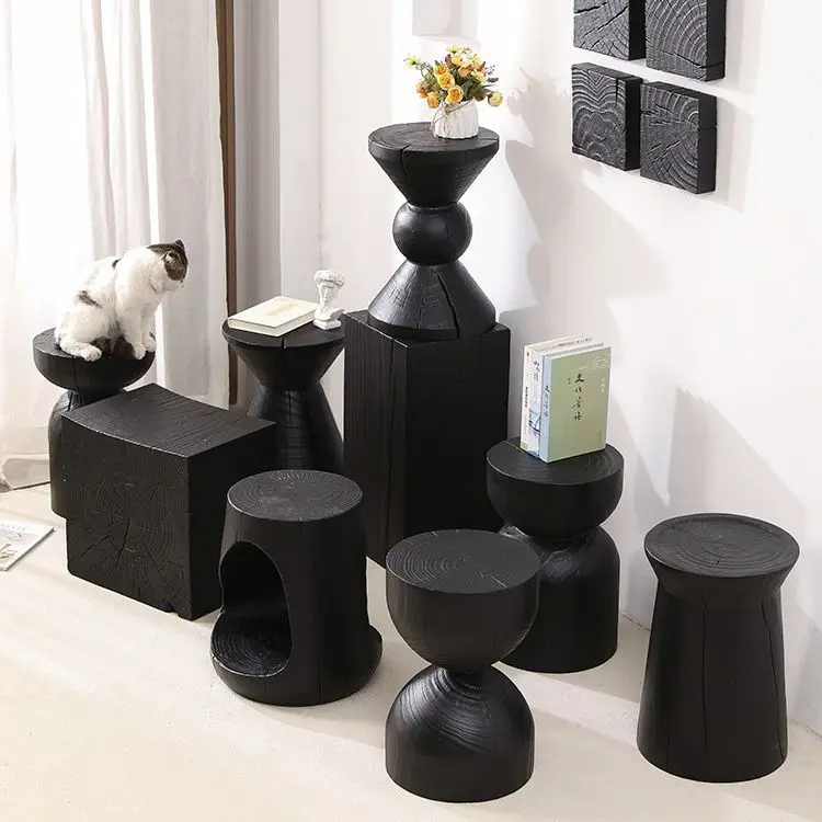 &Nordic Modern Solid Wood Console Table Carbonized Black Corner Log Stump Side Table Flower Stand Base Ornaments for Living Room