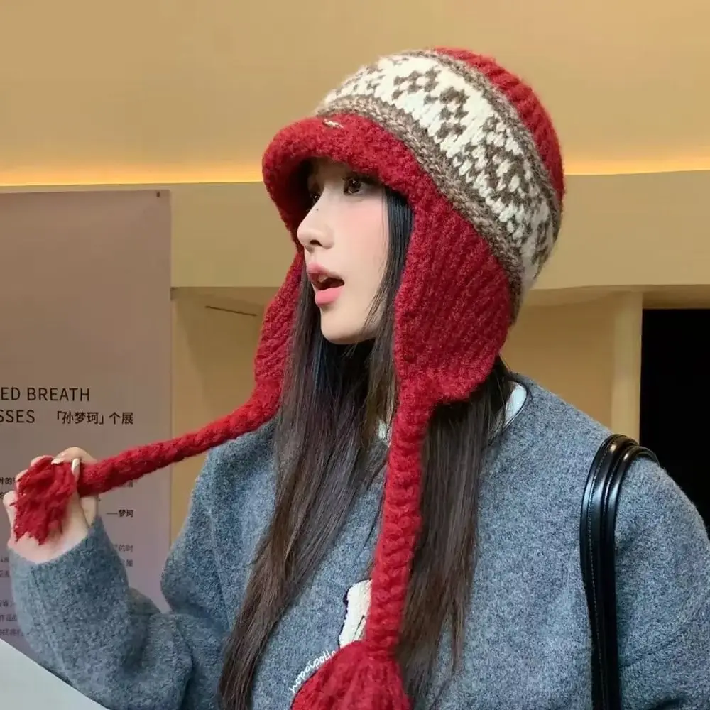 Koreanischer Stil, Fair-Isle-Mütze mit Ohrenklappen, Quasten, Ohrenschutz, Jacquard-Strickmütze, warme, kältebeständige Mütze, Bekleidungszubehör. – Detail 7