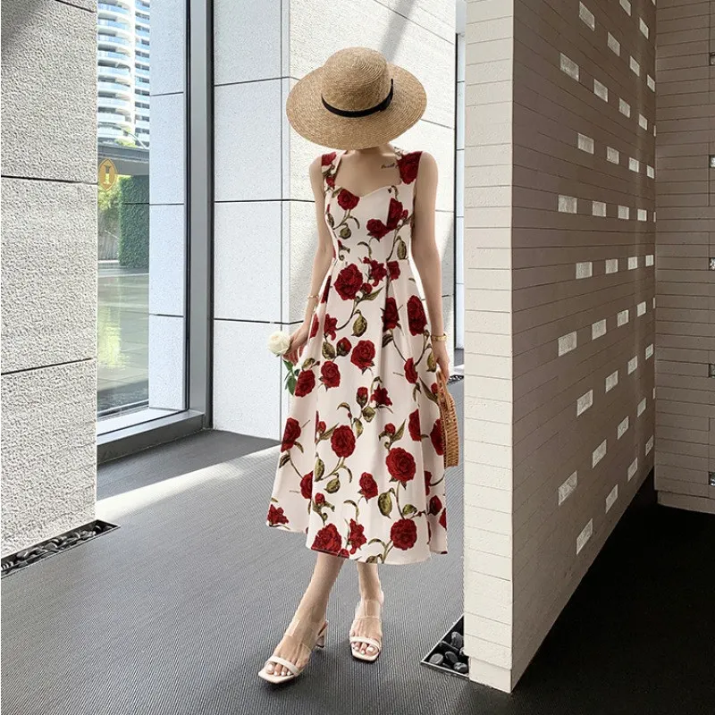 French Seaside Holiday Romantic Rose Long skirt Fairy Dress Thin Sleeveless Hanging Shoulder Floral Vest for Women