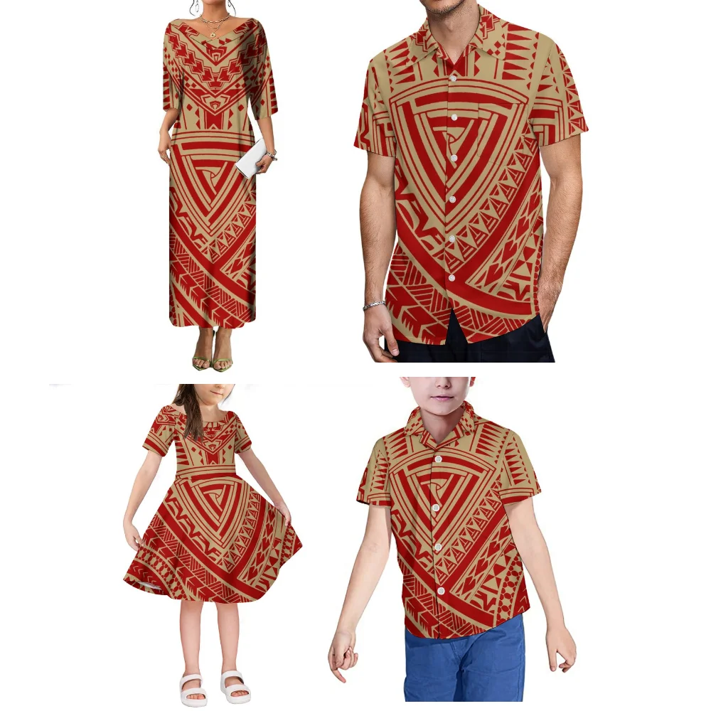Vestido solto de manga curta de verão, camisa masculina da família polinésia, conjunto de quatro peças personalizado para festa de jantar com estampa floral