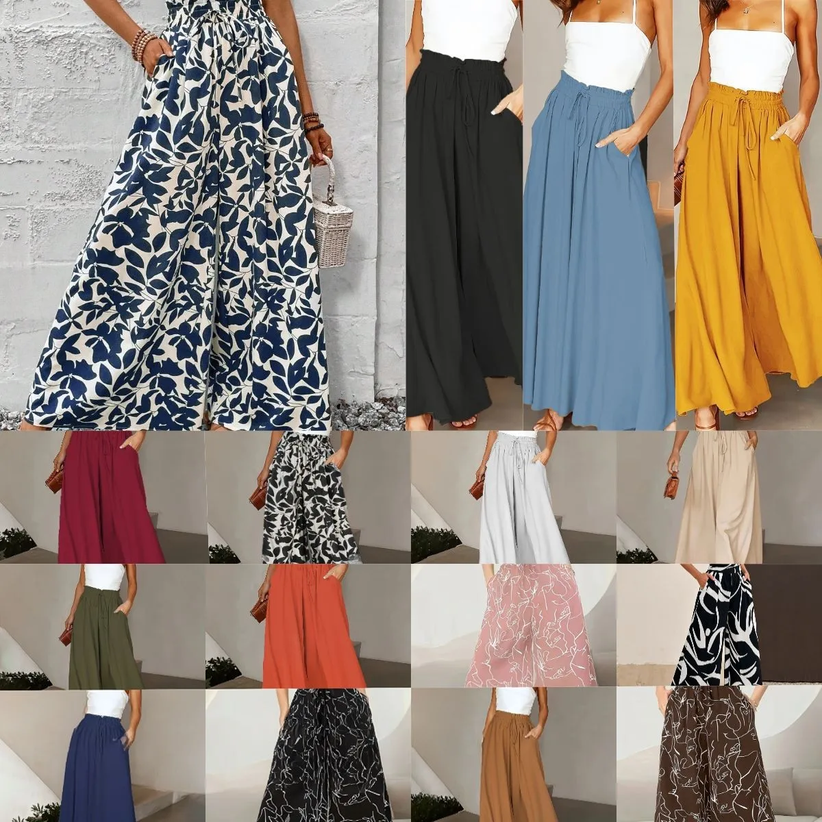 

Women's Summer Skirt Floral Print Ruffle Elastic Long Skirt Wide Leg Pleated Solid Color Maxi Skirt Abstract Line Drawstring