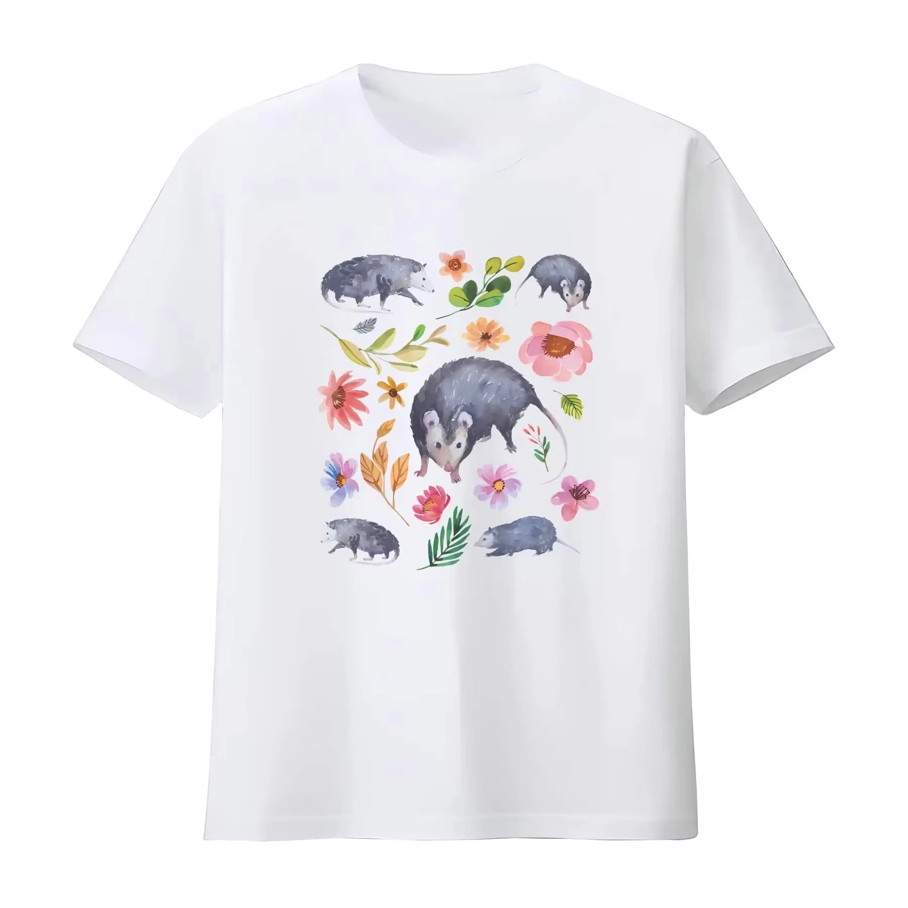 Cute Watercolor Floral Possum T Shirt Kawaii Opossum for Flower Lover Oversized Womens Forest Cottagecore Vintage Cheap Clothes