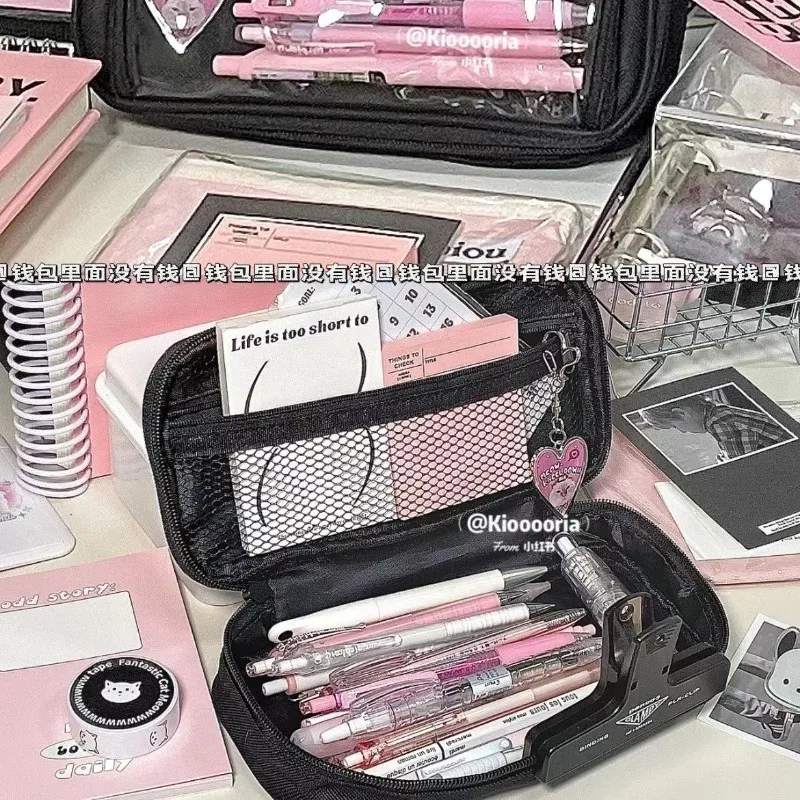 INS Large Capacity Transparent Visual Window Canvas Pencil Case Student Stationery Box Black College Style Zipper Pencil Bag