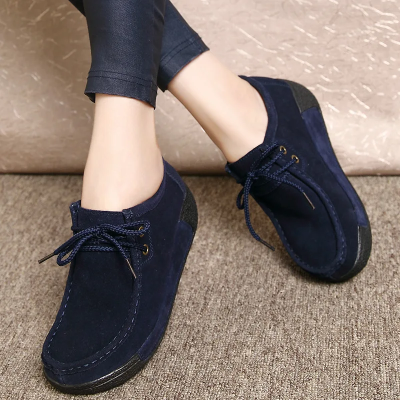 Women Genuine Leather Flats Platform Loafers Woman Creepers Lace Up Driving Moccasins Female Casual Shoes Sapato Feminino