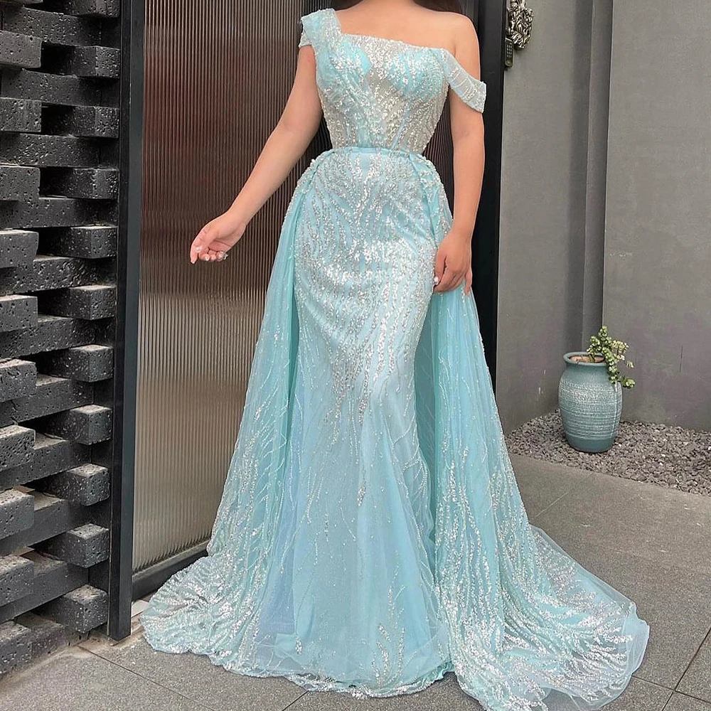 Saudi Arabia Evening Gowns Off the Shoulder Floor Length Straight Short Sleeves Panel Train Pleats Beading Sequined Crystal 2024