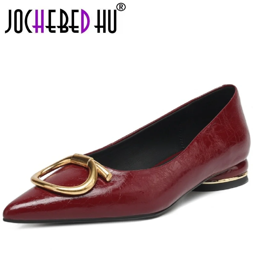

【JOCHEBED HU】Женские офисные женские туфли ручной работы из натуральной кожи на низком каблуке с острым носком, туфли без шнуровки на мягкой подошве золотого цвета