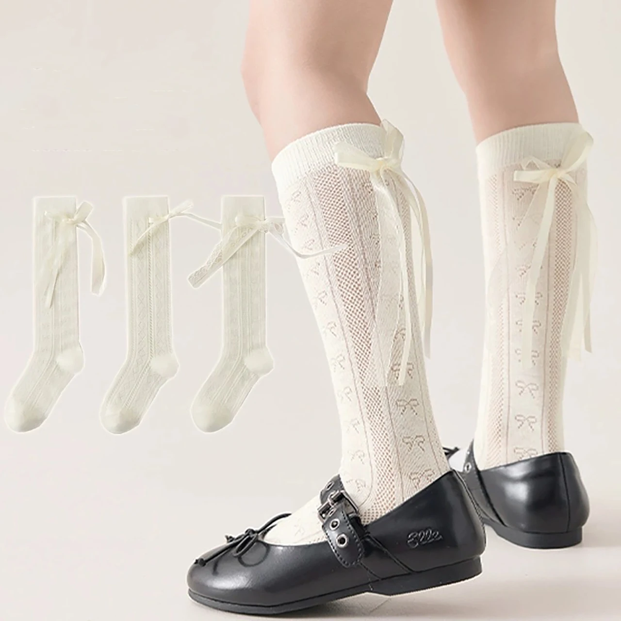 

Летние длинные носки для девочек от 3 до 12 лет, полые дышащие сетчатые носки до середины икры JK, чулки с бантом в стиле Лолиты, белые носки принцессы, детская обувь