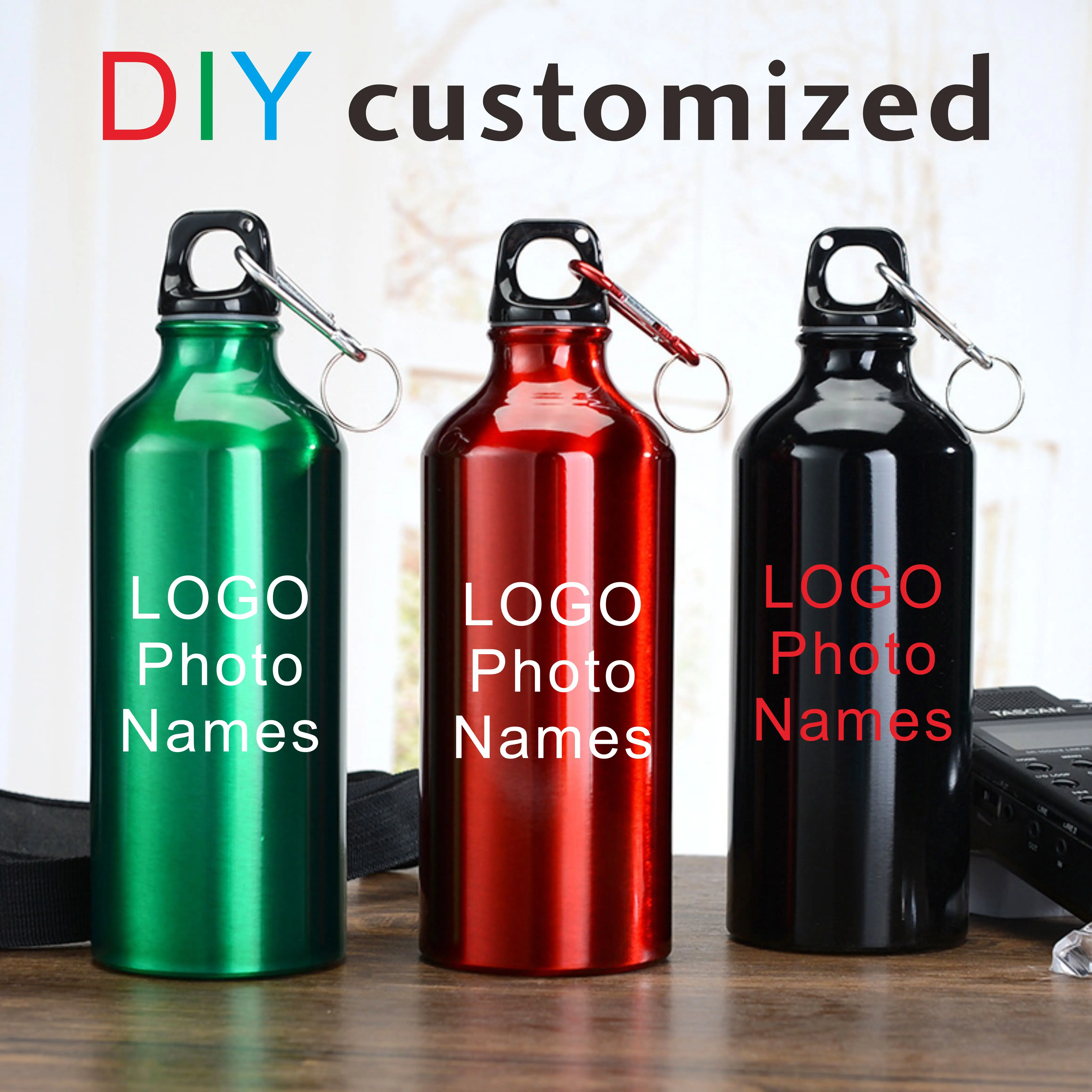 Black Bottle 600ML DIY Customized Print LOGO Name Photo Sport Aluminium Metal Material Carabiner Cup Outdoor Travel Biker Hiker