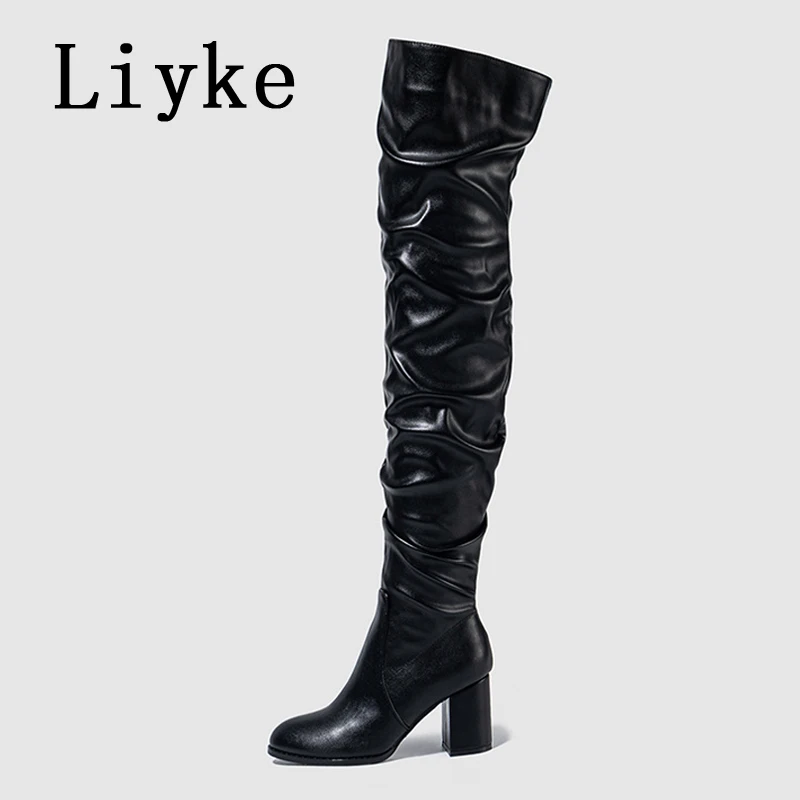 Liyke Size 35-42 Black Women Zip Over The Knee Thigh High Boots Fashion Pleated Leather Round Toe Square Heels Booties Shoes