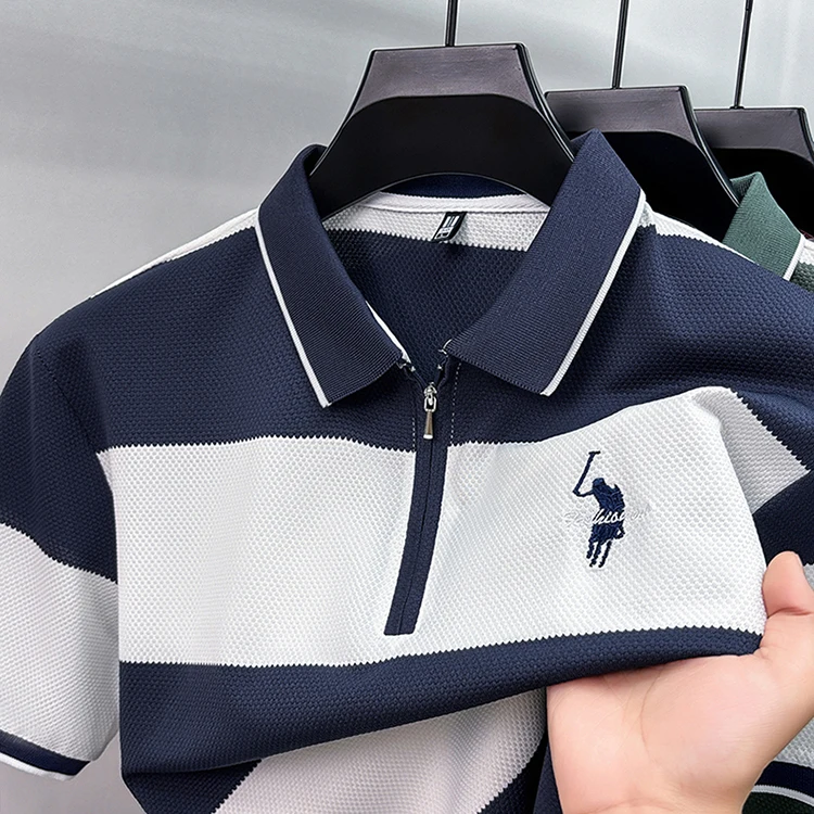 Modisches gestreiftes, farblich abgesetztes Kurzarm-Poloshirt für Herren High-End-Marke Pony-Stickerei Sommer, Golf, Freizeit, neues T-Shirt mit halbem Reißverschluss – Detail 15