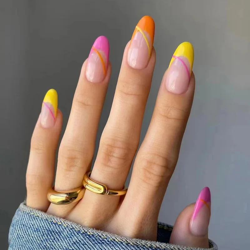 24szt Okrągła Głowa Kolorowe Francuskie Tanie Press on Nails Tips Migdałowe Akrylowe Sztuczne Owalne Wielokrotnego Użytku Klej Fałszywe Paznokcie Manicure