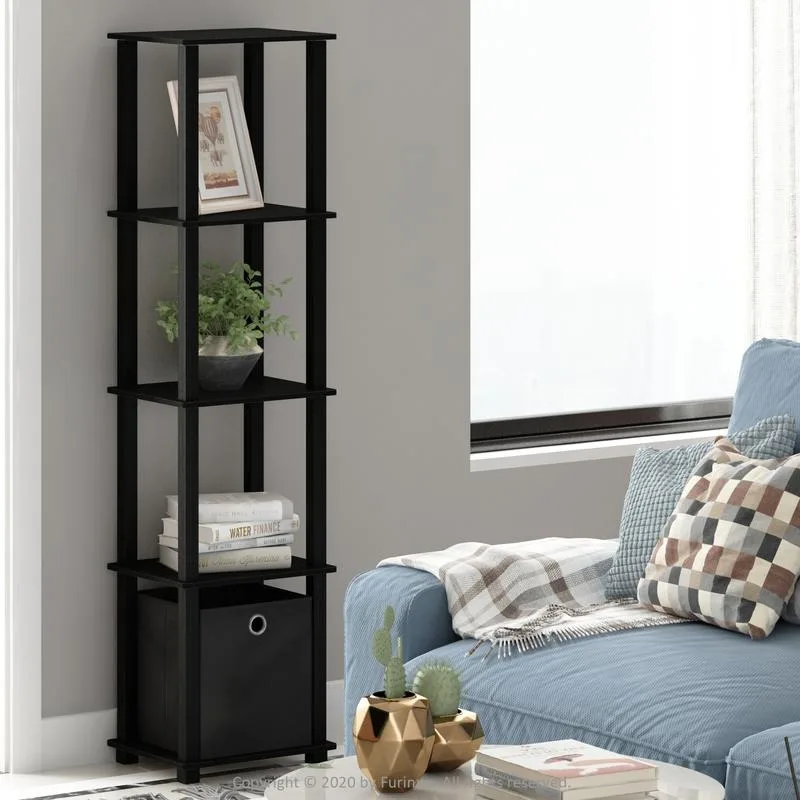 

Furinno Turn-N-Tube No Tools 5-Tier Display Decorative Shelf with Bin, Black Organiser Racks