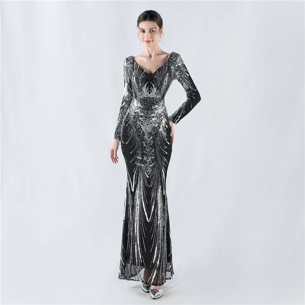 Customized Women's V Neck Long Sleeve Elegant Sequin Floral Mermaid Bodycon Formal Party Gown Evening Maxi Dress