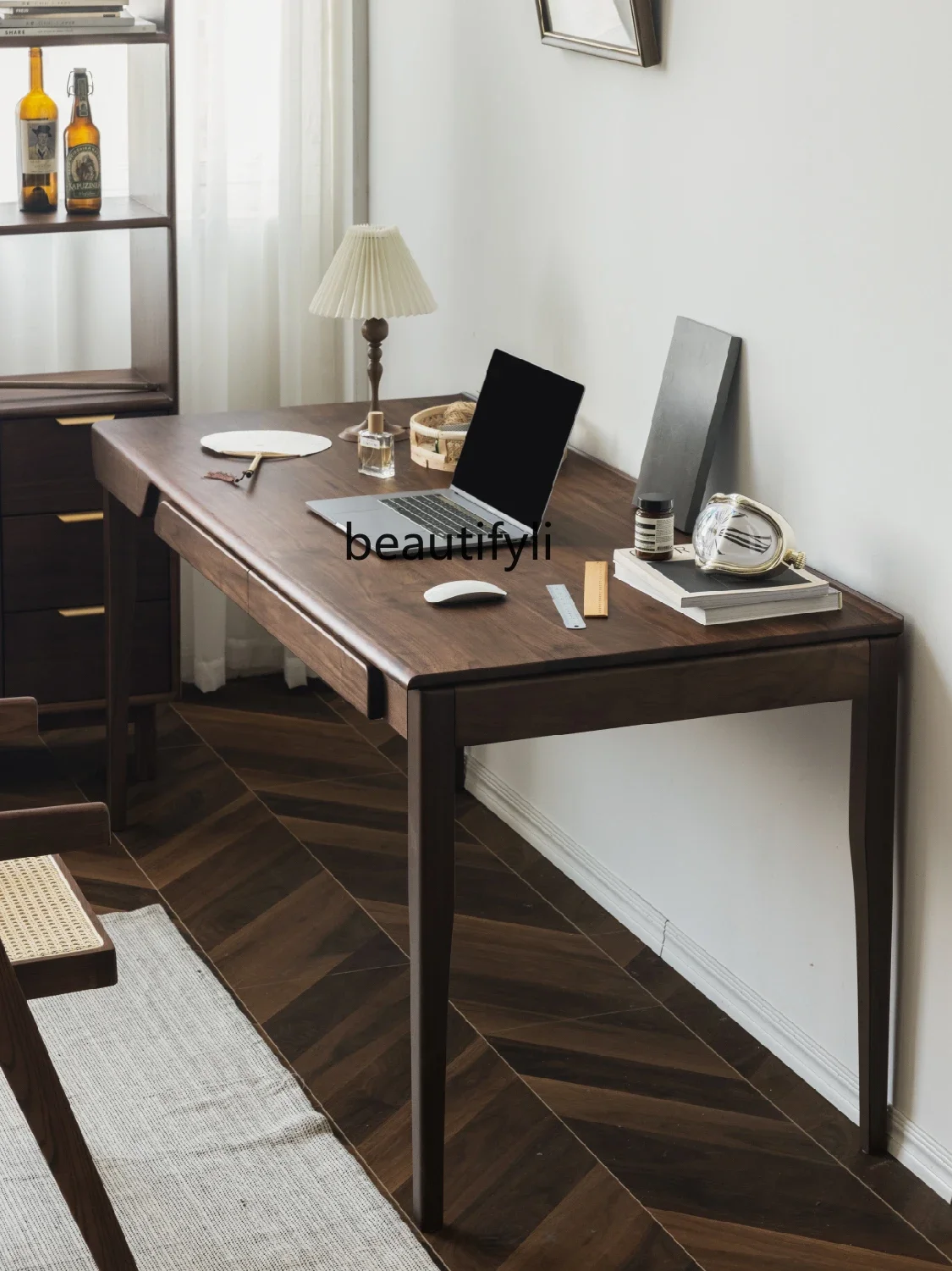 

B7304 ss Desk Nordic Light Luxury Black Walnut Solid Wood Modern Home Study Computer Desk Writing Desk