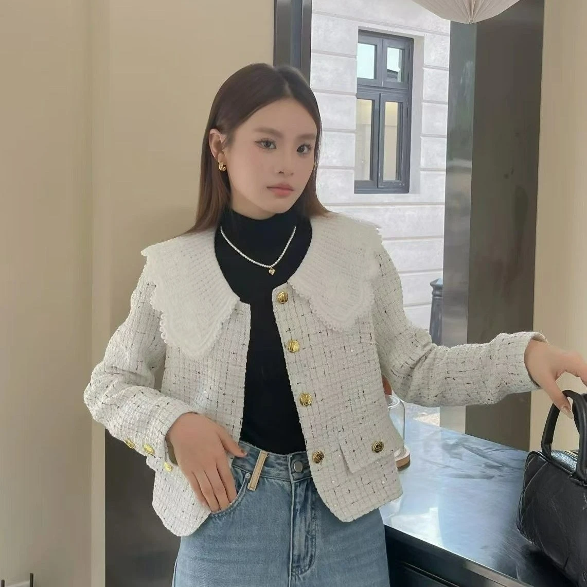 

Осень/зима 2022, новое кружевное кукольное воротник, модное контрастное короткое пальто из цветочной пряжи, универсальная куртка