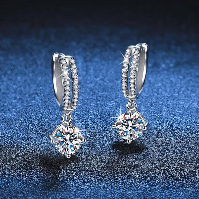 New Moissanite Drop Earrings for Women 925 Sterling Silver Classic 4-claw D Color 1 Carat Diamond Weddeing Ear Jewelry