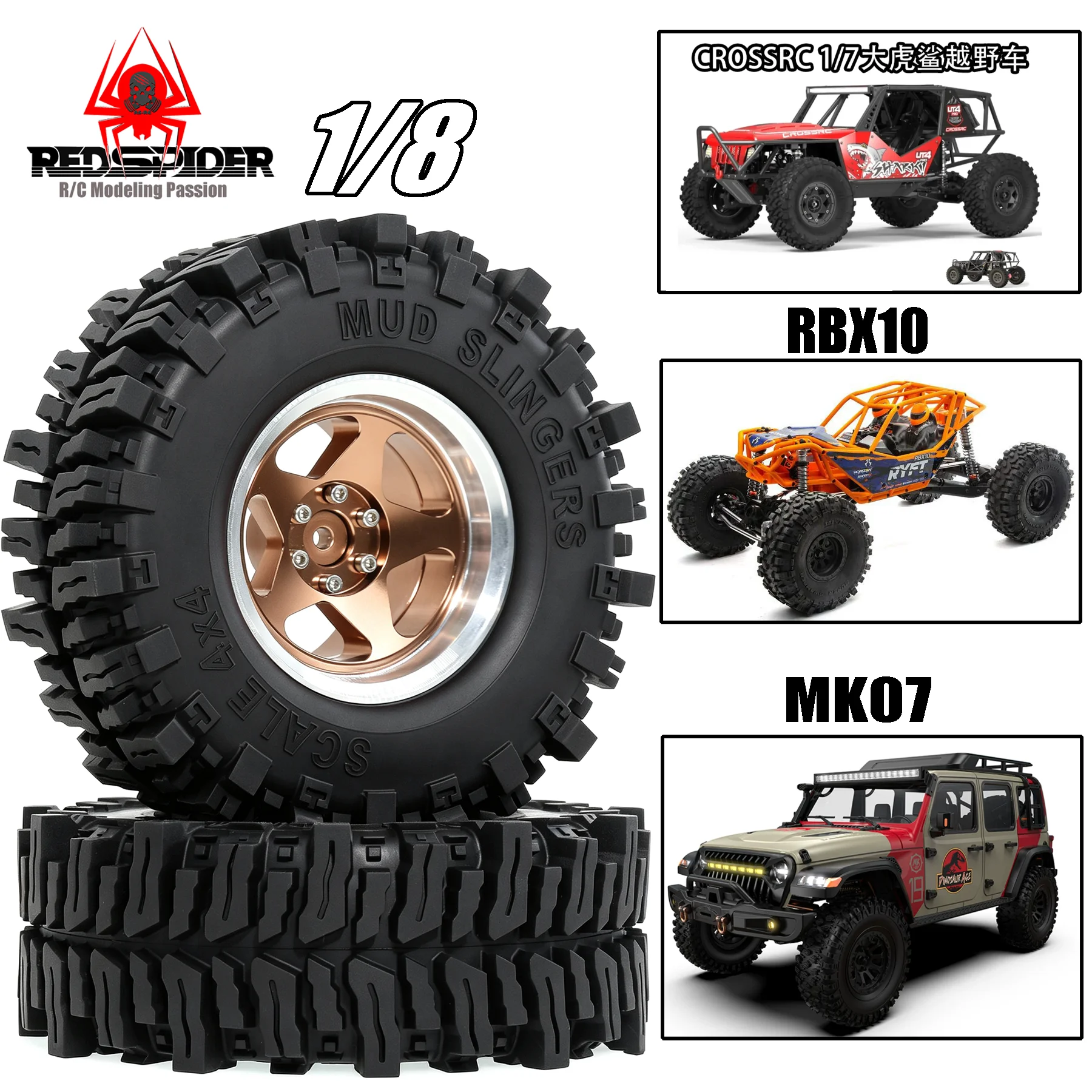 

RED SPIDER 4Pcs 2.6" Metal Beadlock Wheel Rim Rubber Tire Set OD 5.98 inch for 1/8 1/10 RC Crawler Car CROSSRC MJX H8H YK4082