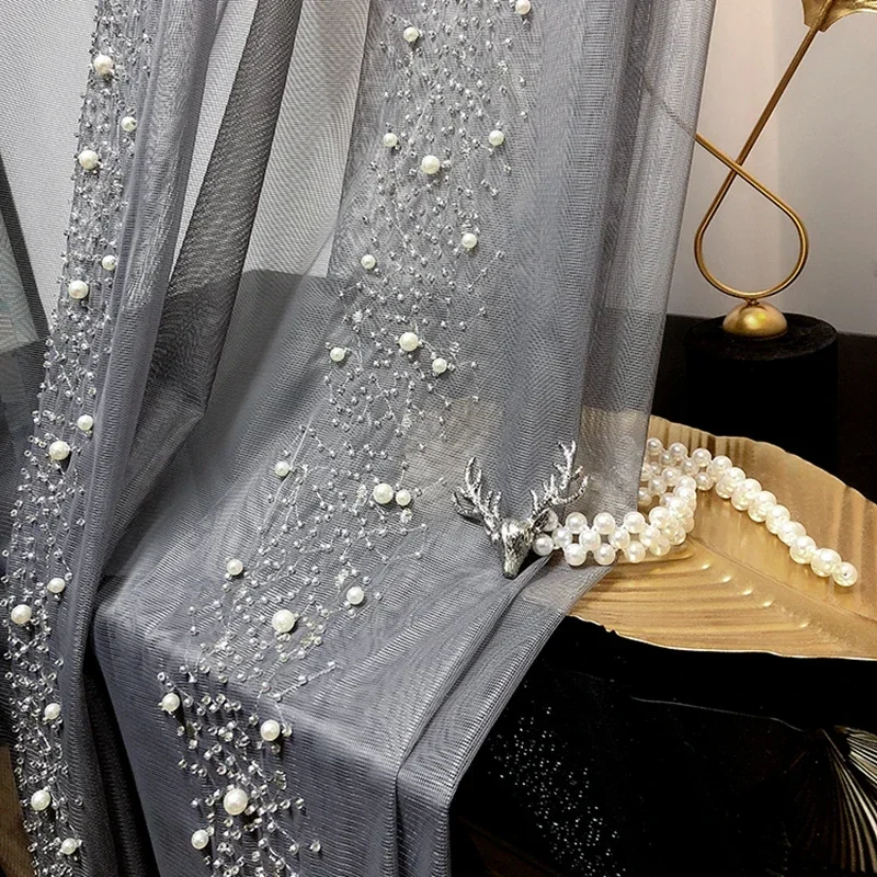 Romantic Luxury Vertical Pearls Embroidered Tulle Curtains for Living Room Grey Sheer Drape Balcony Window BedroomDrapes #E