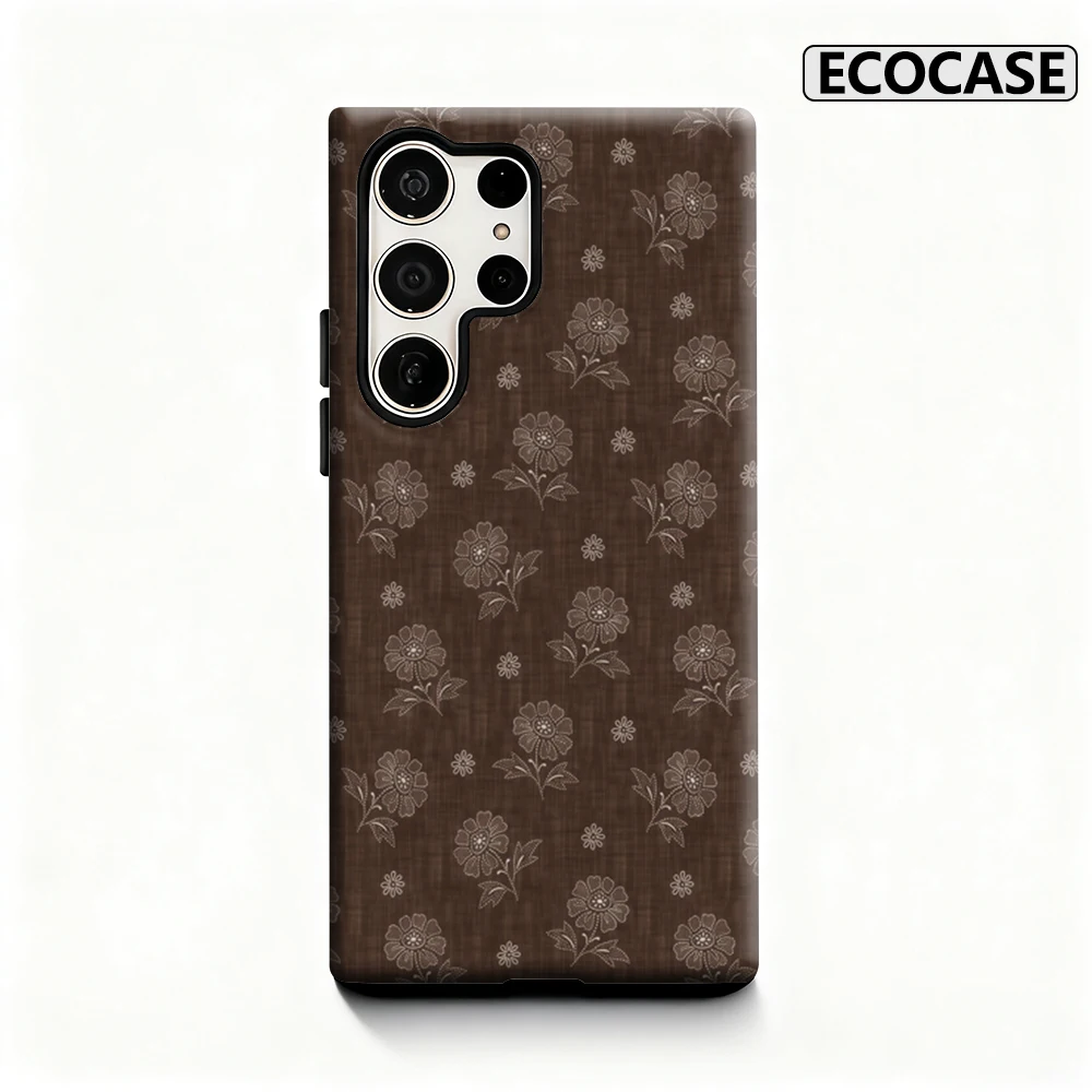 Braune Blumenstickerei-Handyhülle für Samsung Galaxy S25 Ultra S24 S23 Ultra Plus, glänzende doppellagige Rückseite