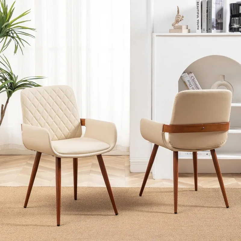 

Mid Century Modern Dining Room Chairs Set of 2,Accent Faux Leather Side Chairs Bentwood Frame with Armrest,Metal Legs Ch