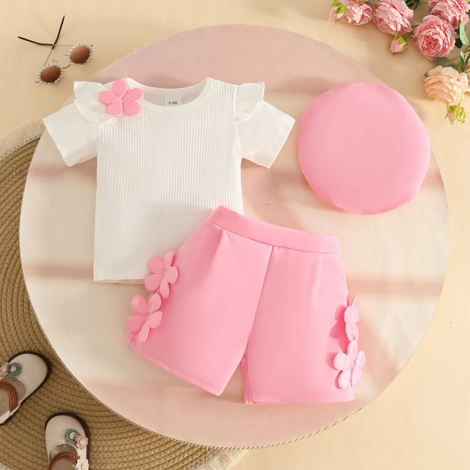 الحلو الفتيات ثلاثية الأبعاد الأزهار الزي 2026 الصيف قصيرة الأكمام أعلى السراويل القبعات 3 قطعة مطابقة مجموعة أزياء الاطفال الملابس ل 0-3Y