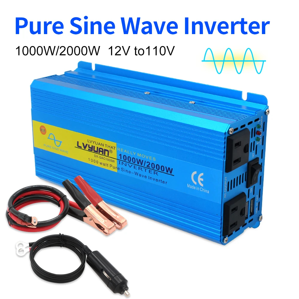 1200W 2000W LVYUAN Inverter Pure Sine Wave 12V/24V 110V DC to AC Voltage Converter Car Inverter Battery Adapter US Socket