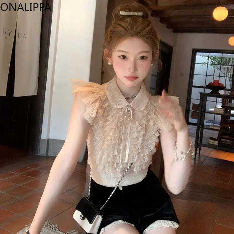 Onalippa Bow Small Lapel Lace Shirt Thousand Layers Palace Style Shirts Hook Flower Peter Pan Collar Sleeveless Womens Tops