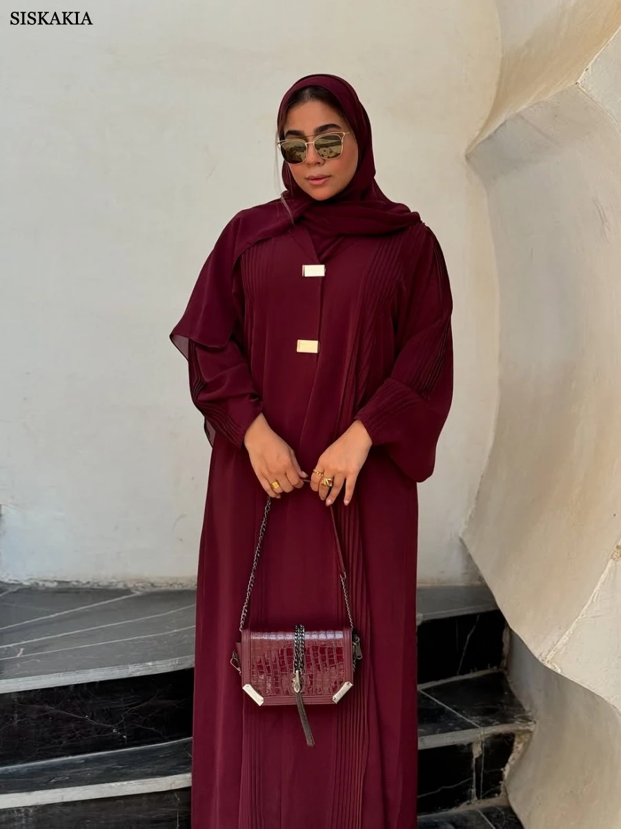 Siskakia ใหม่ดูไบ Elegant หลวม Maxi Abaya มุสลิมสั้นผู้หญิง Kaftan จีบชุด